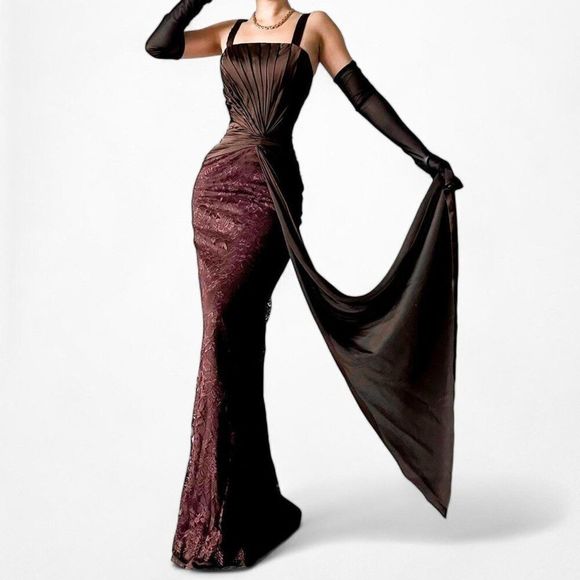 Vintage Brown Pleated Satin Lace Bodycon Maxi Formal Prom Dress Size XS/S - Picture 1 of 7